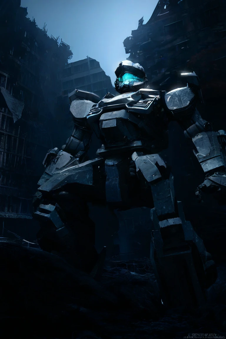 giant mecha,Highly detailed and realistic 3D rendering,The main body is wearing silver gray armor,showing strong momentum,and stands in the ruins of a city full of technology,emits blue energy from behind,The metallic armor reflects the light,The ruins environment,Dark weather,professional concept art,Cinematic texture,Ultra High Resolution,Super Detailed,realistic photo-like effects,is shocking and dynamic, poster texture