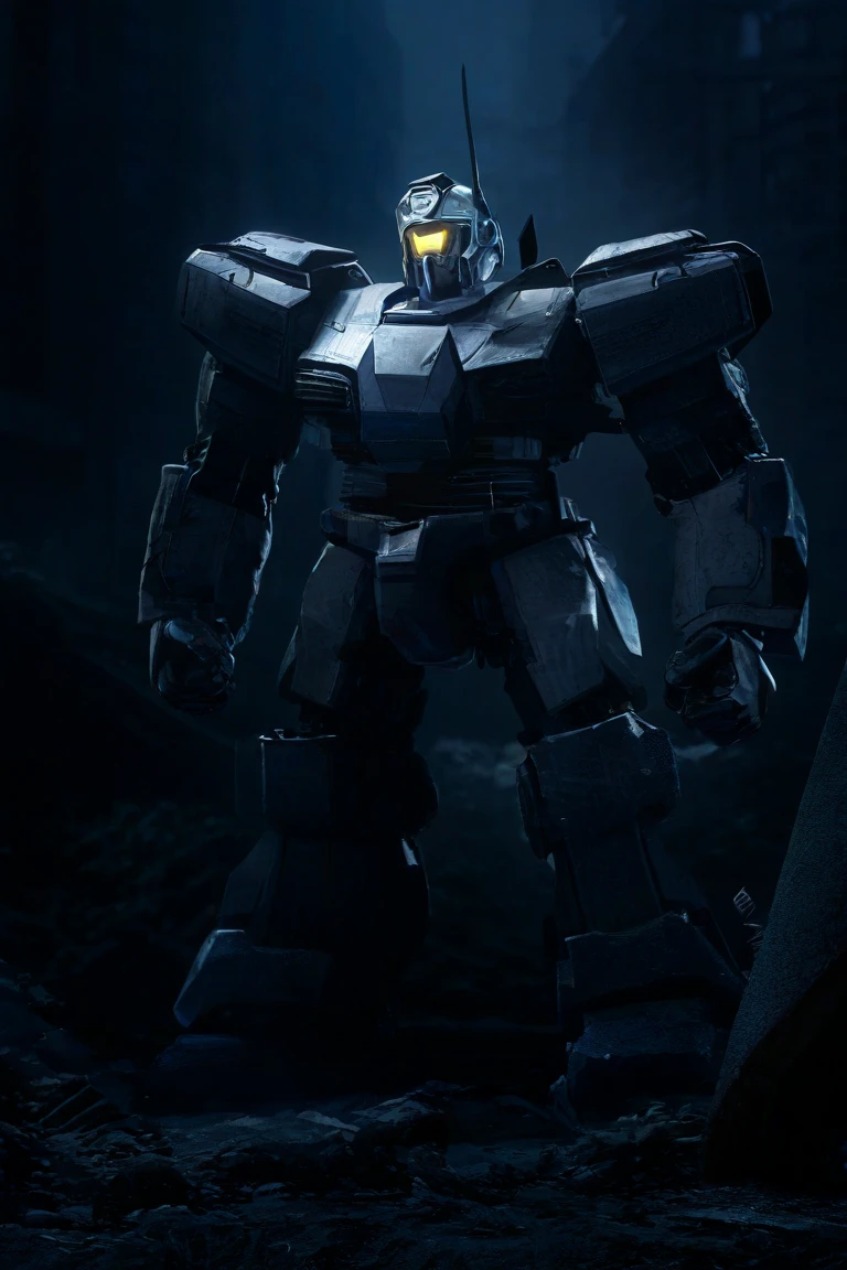 giant mecha,Highly detailed and realistic 3D rendering,The main body is wearing silver gray armor,showing strong momentum,and stands in the ruins of a city full of technology,emits blue energy from behind,The metallic armor reflects the light,The ruins environment,Dark weather,professional concept art,Cinematic texture,Ultra High Resolution,Super Detailed,realistic photo-like effects,is shocking and dynamic, poster texture