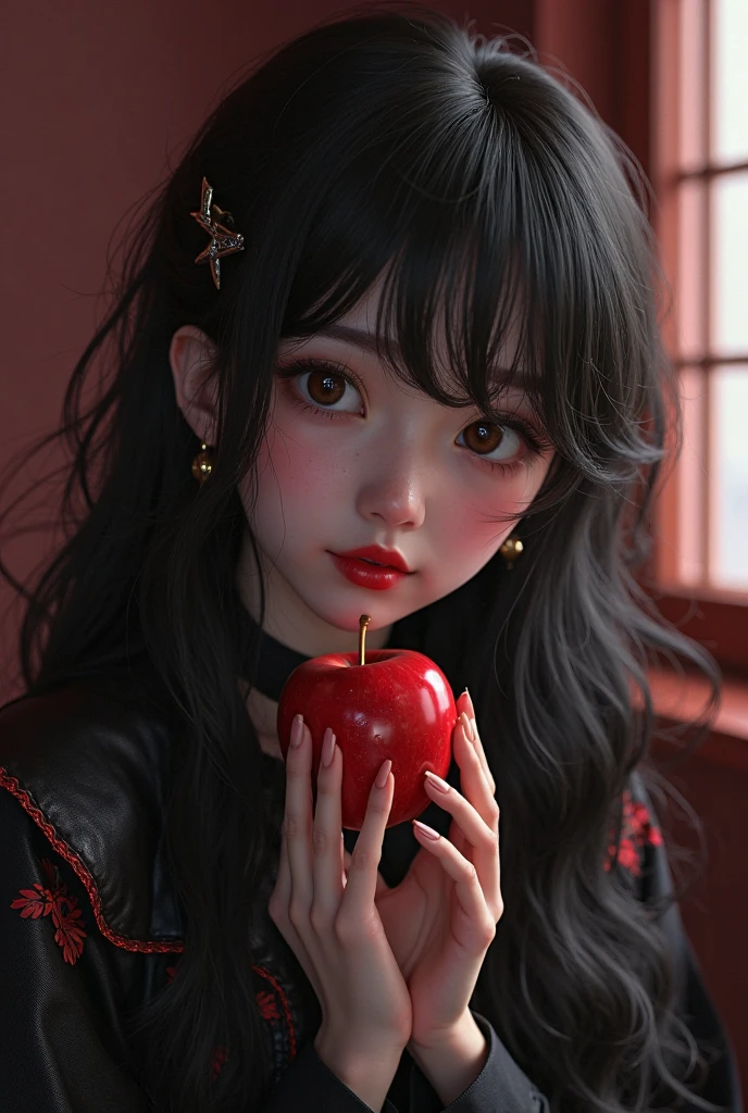 ((RAW photos),Absurd ,(Absurd 分辨率)),Masterpiece ,Best quality,(extremely detailed 8k unity CG wallpaper),(Most Best Illustration),(BEST SHADOW),Realistic lighting,Beautiful and detailed brilliance ,((21yo)),girl,longblackhair,Black Queen,accessories,Hold an apple,Poison apples,Witch Queen,red lipsticks,(((Her photography perspective)))