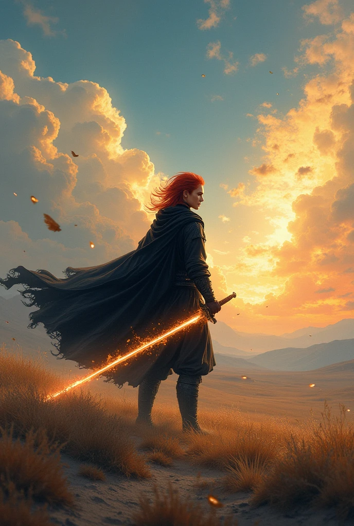 Dream Westward Journey,Swordsman,red hair,black clothes,Illuminated levelless weapon,Handsome