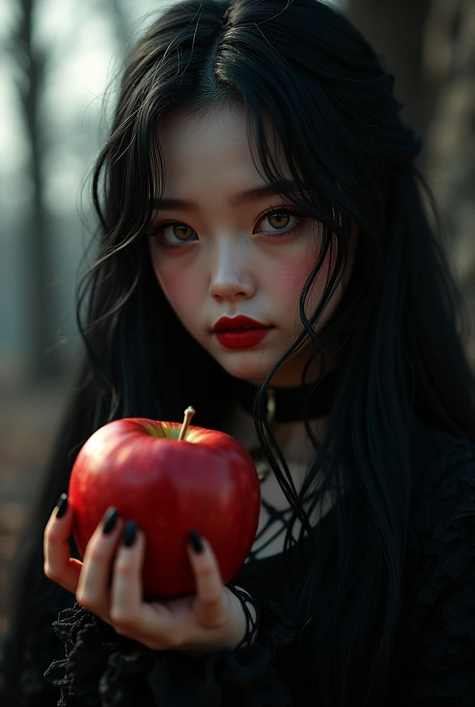 ((RAW photos)，Absurd ，(Absurd 分辨率))，Masterpiece ，Best quality，(extremely detailed 8k unity CG wallpaper)，(Most Best Illustration)，(BEST SHADOW)，Realistic lighting，Beautiful and detailed brilliance ，((21yo))，girl，longblackhair，Black Queen，accessories，Hold an apple，Poison apples，Witch Queen，red lipsticks，(((Her photography perspective)))