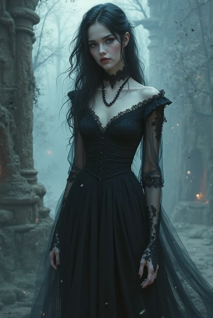 Wearing a black gothic outfit with long black hair, curled and styled, with narrowed eyes and cat-like eyes.