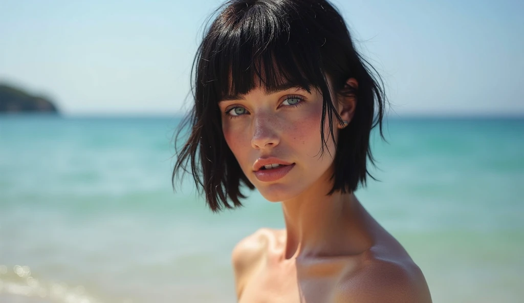 Black haired young British lady at the beach