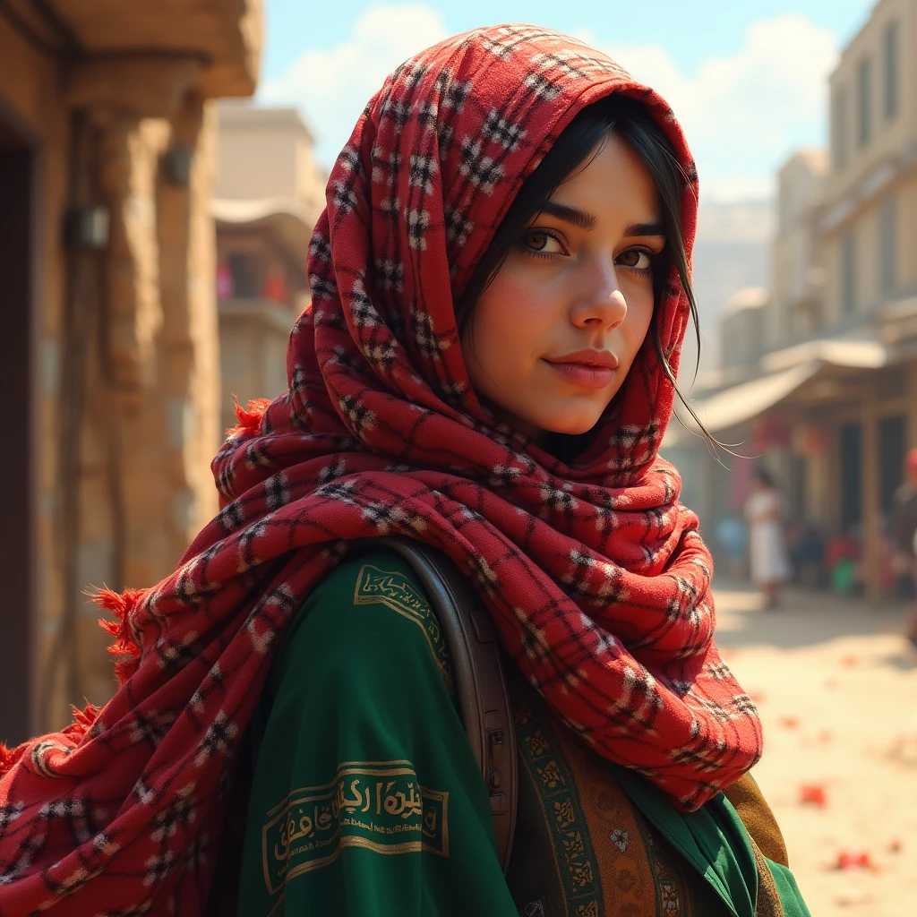 desert. Short, Red hair, green eyes, green hijab, smile, girl .