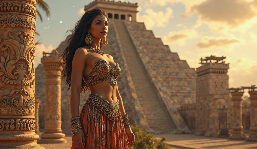 a beautiful aztec woman in her 20s, curvy body, facing the camera, smiling, standing in front of an ancient Aztec temple, extremely detailed and realistic, 8k, high resolution, hyper detailed, masterpiece, photorealistic, studio lighting, physically-based rendering, professional grade, vibrant colors, dramatic lighting, intricate details, ornate aztec architecture, detailed stone carvings, warm lighting, volumetric fog, mystical atmosphere