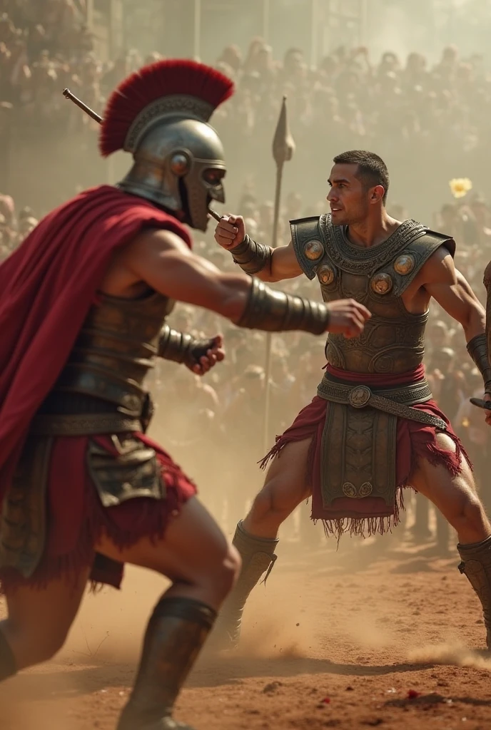 fking_scifi_v2, Roman gladiator, 100 BC, scarred, Coliseum in Rome, blood in the dirt, detailed, 4K, intense composition, violent, blood spatter on lens, hyperrealistic, cinematic