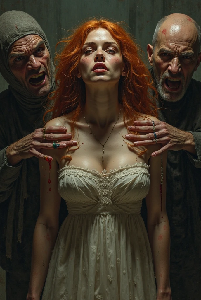 A full body of a naked red-haired tanned beautiful woman, dressed in light clothes, surrounded by a horrible dream world with naked ghosts, skelets, and monsters. 8K, realistic photo, masterpiece
