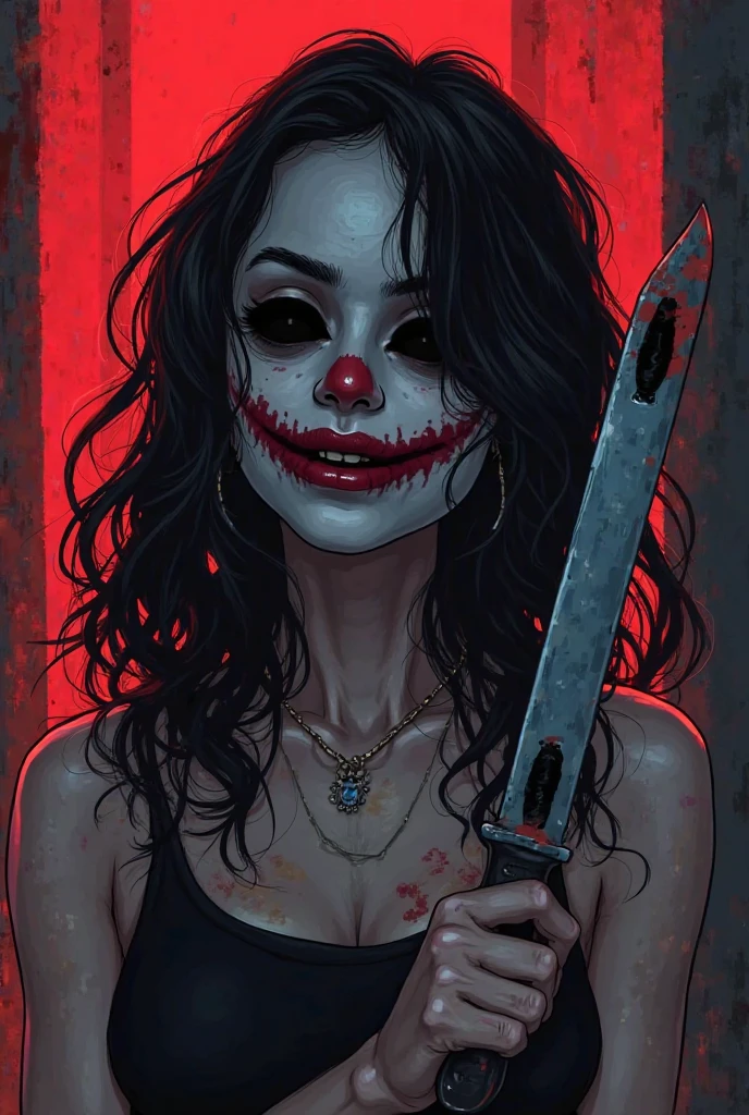 she、A woman with a pale face and white skin、Scary appearance with black eyes。Her mouth is covered in red lipstick and is torn open all the way to her ears.。Laughing while bleeding。long, Black Hair; she、Wearing a black dress。She's wearing a red coat over it., she恐ろしい見た目, she赤いベレー帽をかぶっています。Her eyes are black。The background is a horror-like black。The angle of view is only the face and shoulders、Show me.。Licking a candy stick