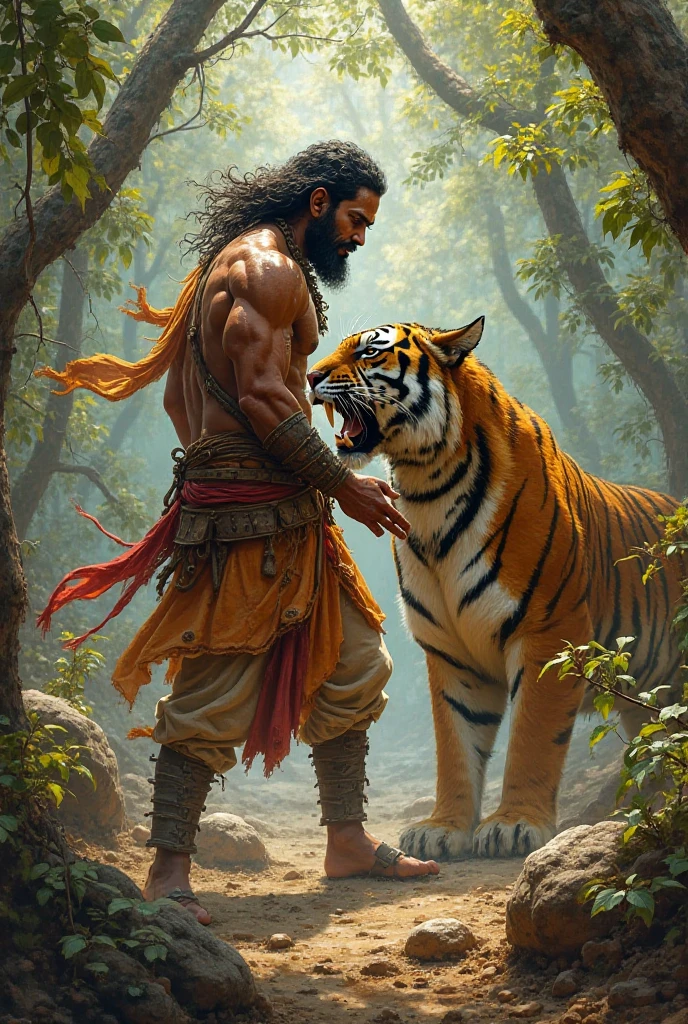 Hanuman Ride with tiger, fight with Rawan, hanuman bodybuilder high, rawan poor man