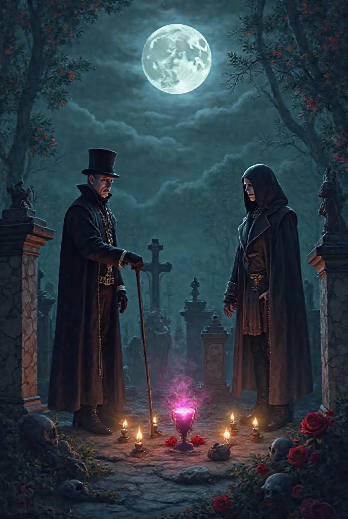 Graveyard, hooded skull man in finest clothes carrying lantern, ethereal attractive woman by his side, in requiem.  <lora:setzstyle7:1>