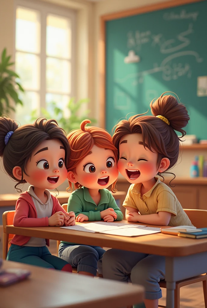 a child and two friends talking in the classroom, drawing style drawing version  