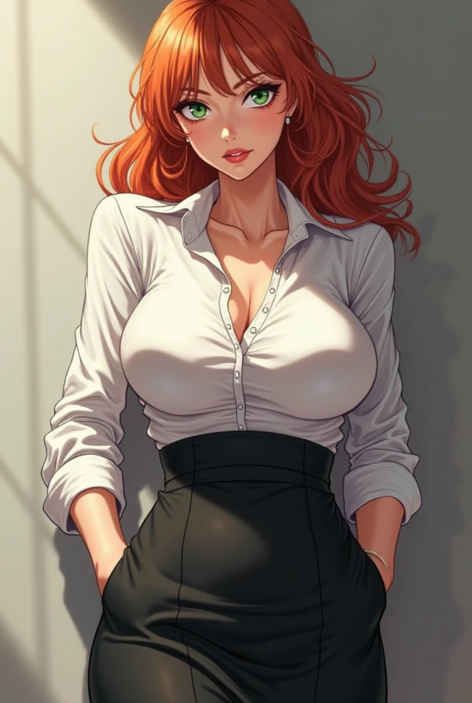 white silk shirt, deep v neck, business suit, red lace bra, pencil skirt, Jennifer Korbin, ginger hair