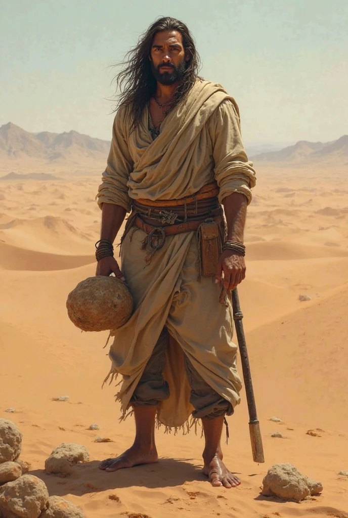 A captivating and intriguing portrayal of a man, weather-beaten by time and the harsh desert elements, seated near the edge of a sun-scorched sand dune. The pyramids, ancient monuments shrouded in mystery and history, loom majestically in the background, bathed in the golden light of the setting sun. The man, with leathery skin, wrinkled features, and piercingly intense eyes, wears a tattered yet iconic explorer's hat and tattered robes. His lean muscles are visible under the tattered fabric, hinting at a life of adventure and survival. His hands are calloused and sunburnt,