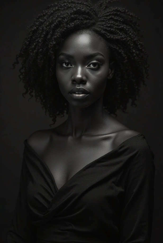 Black and white photo of a Beautiful black queen with kinky hair sitting down