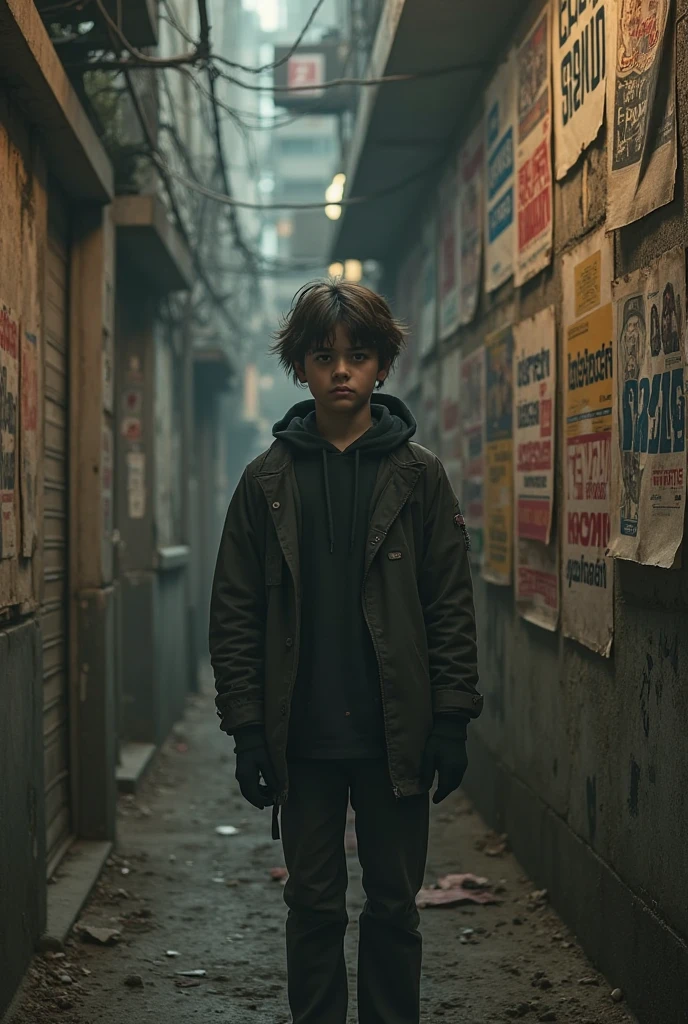 A boy, sitting in an alley, with dirty and torn clothes, sad face, under the rain, at night