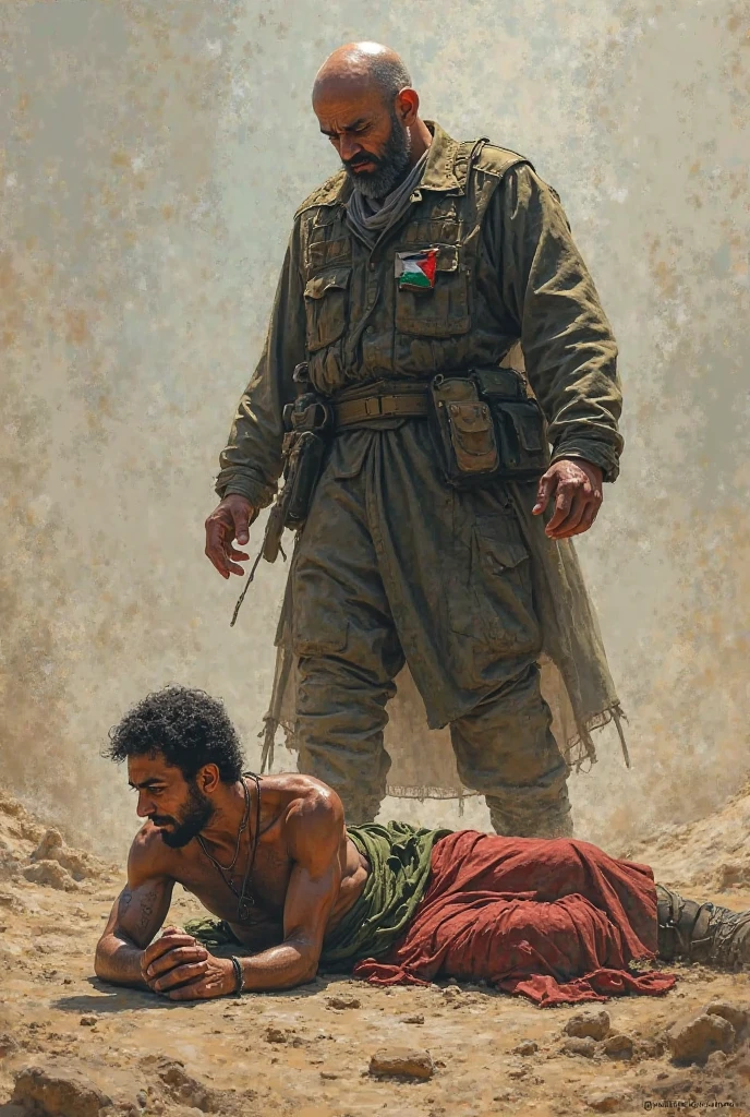 Strong, bearded young Bolivian soldier, in Army olive green camouflage combat uniform, with a beret on his head and boots on his feet, saluting a strong, bearded Bolivian man in white underwear and flip-flops.