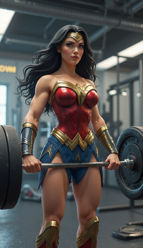 Cinematic soft lighting illuminates an incredibly detailed and ultra-realistic Wonder Woman bodybuilder, musculoso, Super Strength, armadura vermelha e azul, that is trending on ArtStation. Octane is the perfect tool to capture the softest details of this 16k photography masterpiece. The realistic scenario is of a bodybuilding gym