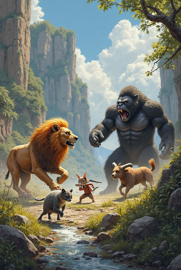 A humanoid warrior lion, a humanoid warrior white tigress and a humanoid gorilla, in war uniforms with the acronym PWW, fighting zombies in the forest