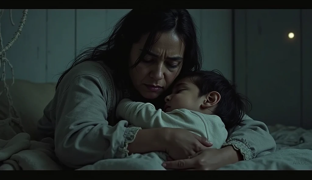 a crying baby, night, mother trying to make baby sleep, detailed baby face, detailed mother's face. soft lighting, cold colors, exhausting moment, realistic photo, dark environment, emotional, dramatic, detailed textures, simple details