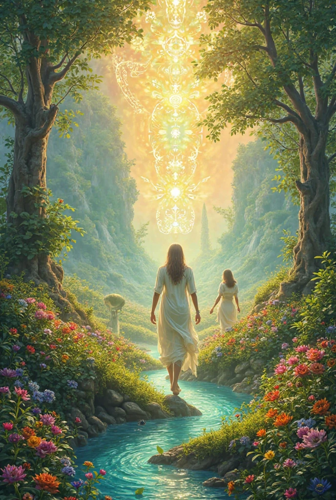 A serene and uplifting scene depicting souls entering a magnificent, celestial realm bathed in radiant, golden light. The path to this divine kingdom is adorned with shimmering gates that open to reveal a landscape of peace and eternal beauty. The souls, appearing tranquil and relieved, walk towards this realm with expressions of joy and contentment. The environment is lush and harmonious, with vibrant colors and gentle light creating an atmosphere of ultimate redemption and eternal bliss. The scene evokes a sense of serene fulfillment and heavenly reward.