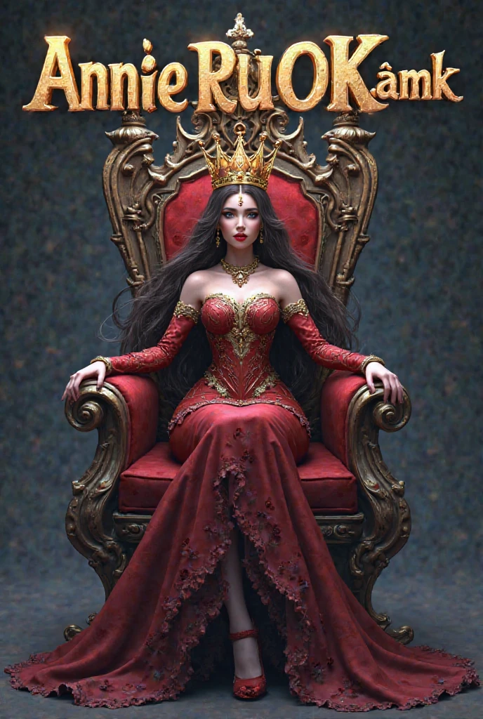 In the dark castle throne room on the huge royal throne in seductive pose siting beatiful demon queen, She have beautiful face with pink eyes rakr eye shadows and dark lipstick sexy make up, golden ring shape earrings on her ponty ears. she have long gorgeous bloody red hair.. dressed in majestic sexy black royal robe with golden metal parts, also she have tattoo all over her body her hands have lonf beautiful nails, (ultra high quality fantasy art, ghothic dark fantasy style, masterpiece, ultra high quality character design, 8k quality anime art, realistic anime art, top quality wallpaper illustration, detailed ultra high quality accurate face, high quality design and accurate physic)
