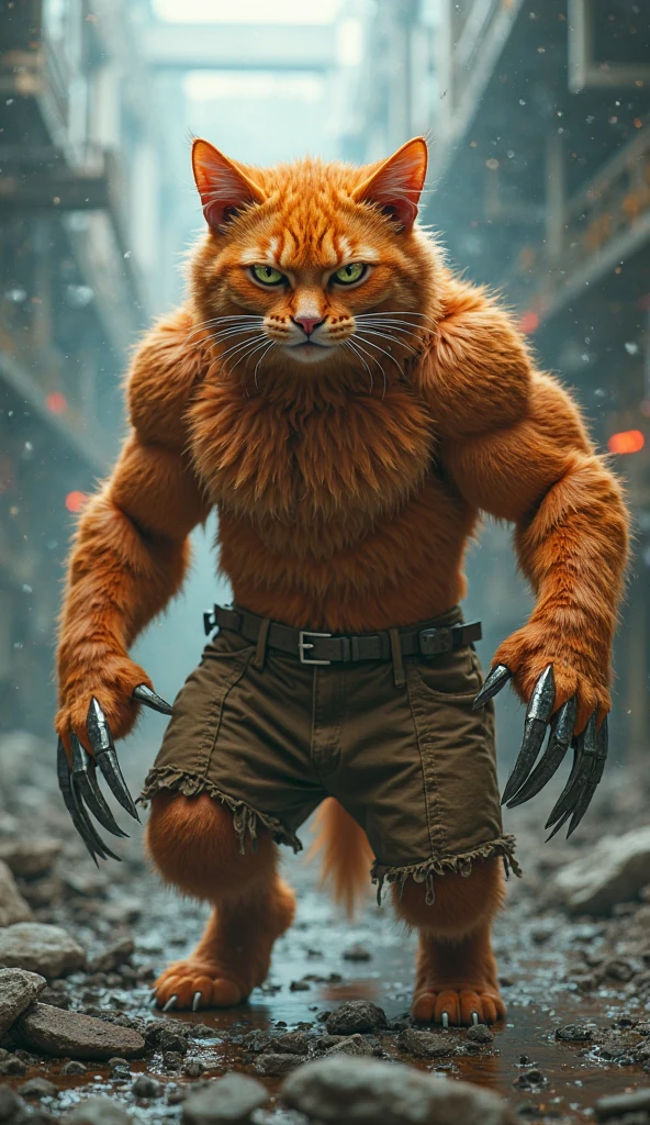 ## Scene 1: Introduction of Leo
**Prompt:** *In a bustling city at night, a powerful orange cat in human form named Leo stands tall. He has a mane of wild, flaming orange hair, sharp green eyes, and a muscular, agile build. Leo is in a dimly lit alley, his expression determined and fierce, radiating an aura of strength and confidence.*