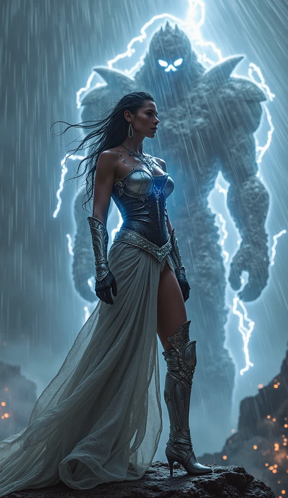 Through the sepia haze of twilight mists, a lone warrior woman stands etched in silhouette along crumbling parapets. She is surrounded by an aura of arcane power - licks of purple flame dance around her voluptuous form, sheer fabrics billowing, outlining dangerous curves. Dark leather and glinting steel armor barely contain her ample cleavage, bared midriff and long legs braced against ancient crenellations.
One hand rests along her hip, the other effortlessly wields a glowing staff of carved dragon bone and gilded steel twisting with icy infernos and sparks of lightning. Raven tresses whip in the rising wind, correlating with the growing supernatural storm summoned by her magic. The forgotten kingdom sprawls below her tightening grasp - emerald hills and babbling dells now clouding with unnatural fog.
Sinister energy hums as she raises her staff, eyes burning violet and lips curled in a beckoning yet vengeful snarl. Gusts rise, whipping her shapeless robes against sensuous skin as thunder rolls warningly over the once-peaceful vale. Muscles flex beneath bare, glowing flesh as she begins an incantation to call down wrathful retribution against the mortals who betrayed her trust ages ago.
The curves of her body silhouette dangerously against sudden lightning flashes, staff gleaming with arcane glyphs, robes flowing back to expose long legs planted firmly in defiance against a land she once protected but now seeks to conquer and subdue. None shall forget this night when the sorceress Morgana returned to reclaim her kingdom by forbidden desire and magic...