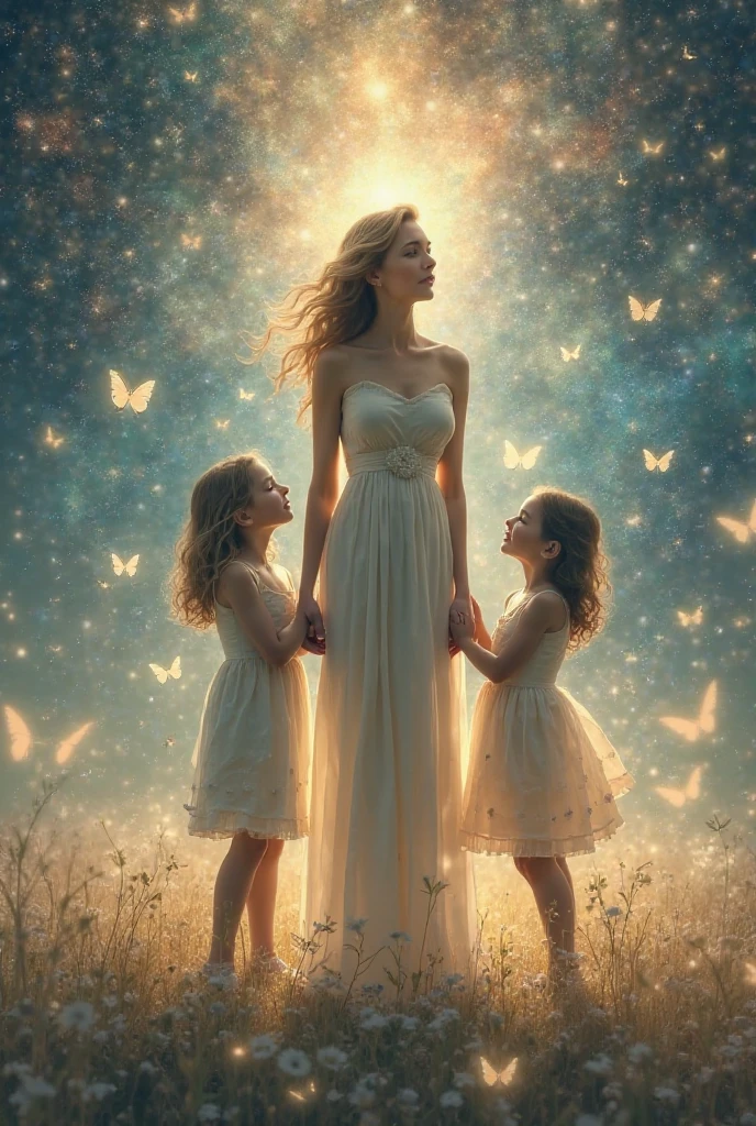 Magical Mom with her children, boy and girl surrounded by Light, portals of light, and sparks of light, colors in the image: beige, dorado, Brown, orange, white, pale pink,