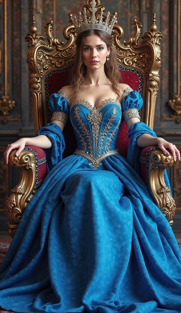 A queen in a gorgeous blue dress、 sitting on a gorgeous throne - SeaArt AI