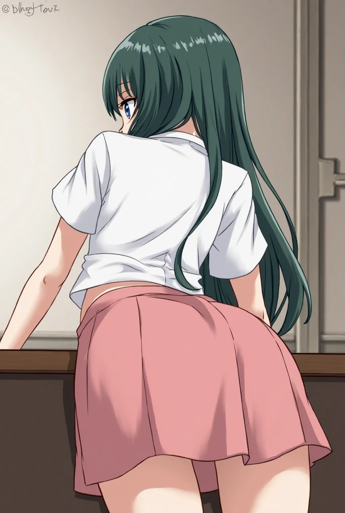 <lora:Crusch_Karsten:1>, CruschKarsten, 1girl, solo, t-shirt, green booty_shorts, surprised, messy_hair, from_behind, back, looking back, shirt_lift, lifted_by_self, backboob,