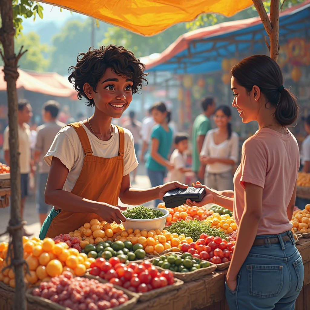 Immortalize a visit to a local farmers' market. Naomi browses stalls brimming with fresh produce and artisanal goods, her children by her side. She holds a bouquet of flowers while exchanging friendly conversations with vendors, capturing the essence of community connection.