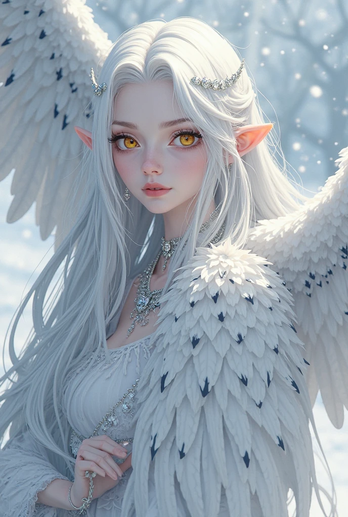 (((masterpiece))), (((best quality))), ((ultra-detailed)),(highly detailed CG illustration), ((an extremely delicate and beautiful)),cinematic lighting. This is a realistic fantasy artwork with contrasting colors and a very mysterious aura. Generate a pure white woman with ((pure white skin)), metallic hair, and bold, colorful eyes. (((Her skin is whiter than snow))). Her face is extremely detailed with realistic shading and her eyes are extremely detailed with absurdly high resolution and bright, bold colors. She has soft, puffy lips. Include many fantasy details such as soft white feathers, beautiful French silk, delicate embroidery, snow, iridescence detailing, phantasmal iridescence detailing, and glitter. Include moonlight, snowflakes, and winterscapes. The character in the artwork is a delicate but strong petite figure with an aura of mystery and magic. The character's clothing should be designed with gossamer feathers, silk, stunning embroidery, and subtle iridescent details. Incorporate dreamy colors, dynamic lighting, and detailed background elements to create a sense of awe and immersion. Consider the latest trends in fantasy art, such as incorporating unique lighting effects, exploring dynamic and compelling composition techniques, and experimenting with unique color palettes. Take inspiration from the top artists on ArtStation and Midjourney. Camera: Choose an angle that highlights the character's beauty and enhances the magical majesty of the artwork. Lighting: Utilize atmospheric lighting techniques to create depth and mood. Resolution: Aim for a high-resolution artwork to showcase intricate details and clarity. Art Inspirations: Seek inspiration from the trending artists on ArtStation, exploring different styles, genres, and themes.