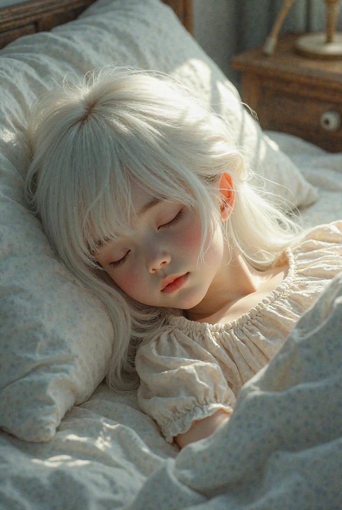 Masterpiece, Top Quality, Super Detail, 8K, Detailed Light, Detailed Shadows, RAW, (Detailed Skin), (Real: 1.2),, 1 Nordic girl, face, (9 years old), white hair, sleeping on a plush bed, night dress