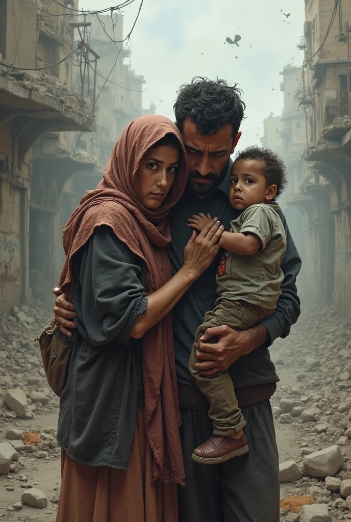 A refugee camp, with people building makeshift shelters. A family sits together, exhausted but trying to comfort each other. At the bottom, rows of tents and a grey sky can be seen.