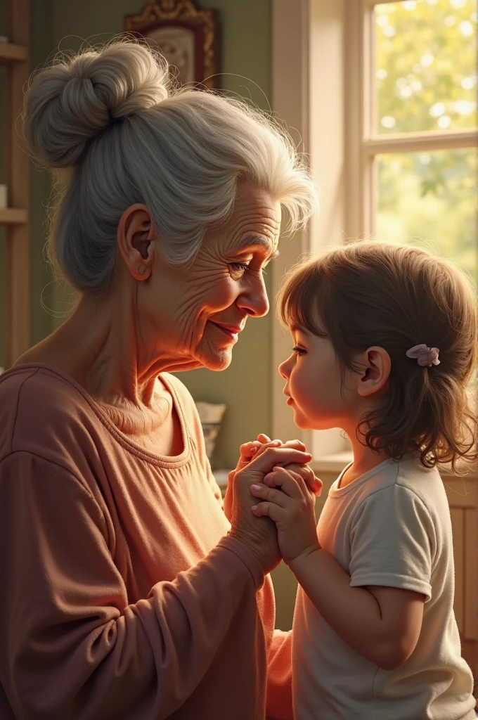 girl helping her grandmother