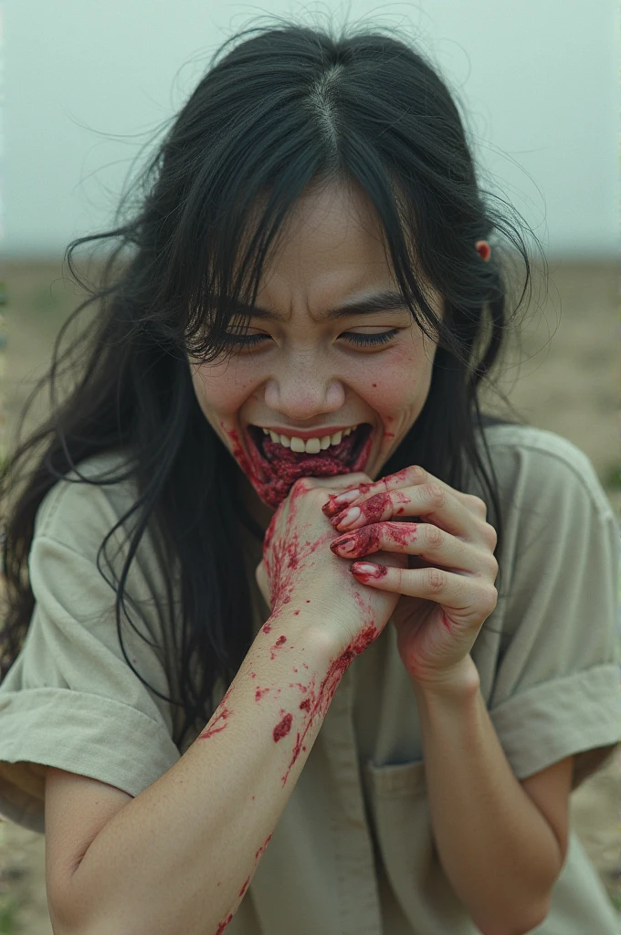 Human head being traded in a traditional market, on a top of table, human trafficking, bleeding, woman's head, open mouth, ((eyes closed)), bleeding, photorealistic, 4K, Nikon, horror, public market, beautiful asian face