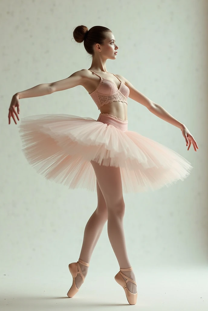 A photograph of a , ballerina. She is dressed in white and light beige, minimalistic style against a red background, in the Tim Walker style of lighting, editorial photography.