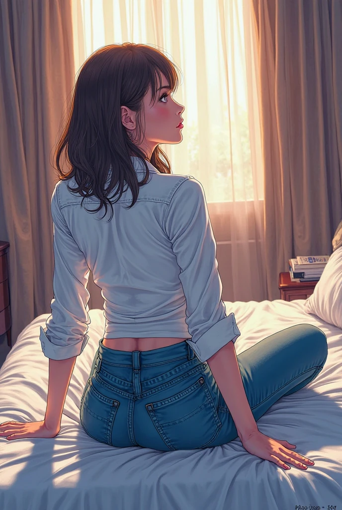 Alone in my bed in my room、A young, mature woman holding her knees。The woman had long, dark hair down to her shoulders and was wearing an elegant plain white long-sleeved shirt and blue jeans.、Her face is not visible because she is bowed。A slightly detached perspective。