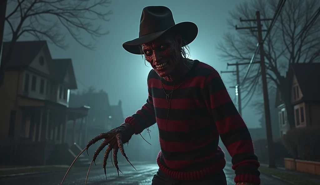 ８ｋ、Dark fantasy、Foggy night city、Ultra HD、Amazing image quality,４ｋ、A Nightmare on Elm Street、Freddy Krueger、Wearing a hat、Burned Skin、Fearless smile,Red and black striped sweater、nails are long、Full Body Shot,Give the viewer a malicious look, Grabbing Viewer, For the viewer,Misty marshland background,Shallow depth of field, Vignette, Very detailed, High budget, Bokeh, CinemaScope, Sulky, amazing, nice, Film Grain, granular . Creepy, Anxious, dark, Creepyな, Suspenseful, strict, Very detailed