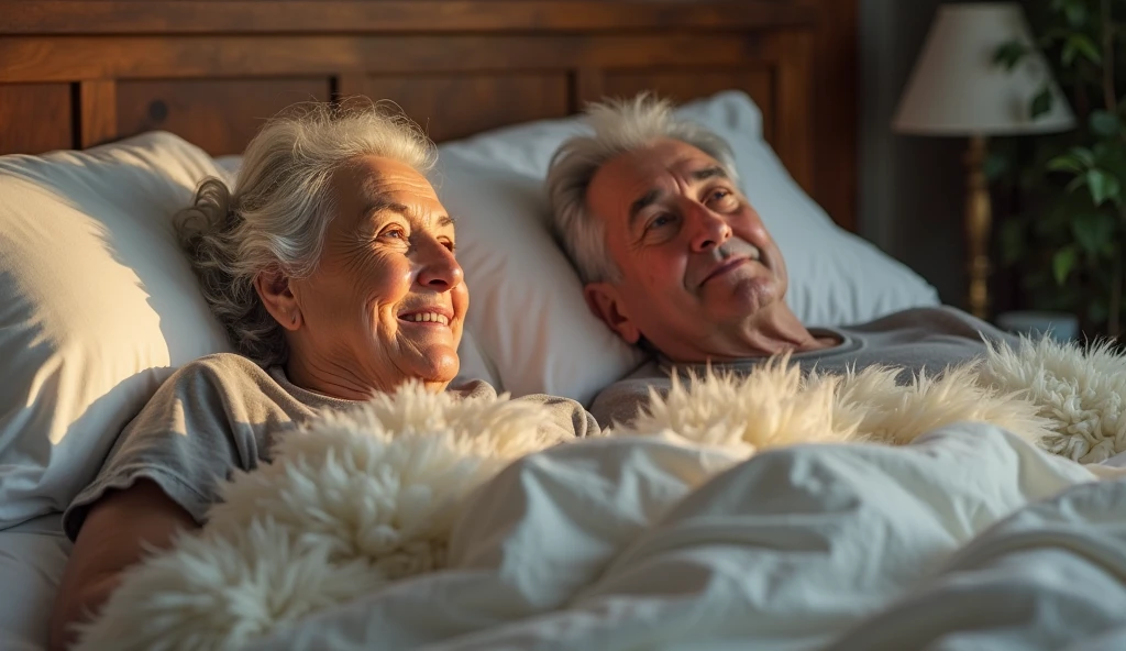 elderly couple in bed, detailed faces, serene expression, relaxed posture,  soft sheets , Warm light,Cozy room, intimate atmosphere, Oil on canvas, realistic portrait, 4k, hdr, Top quality, warm colors, subtle lighting