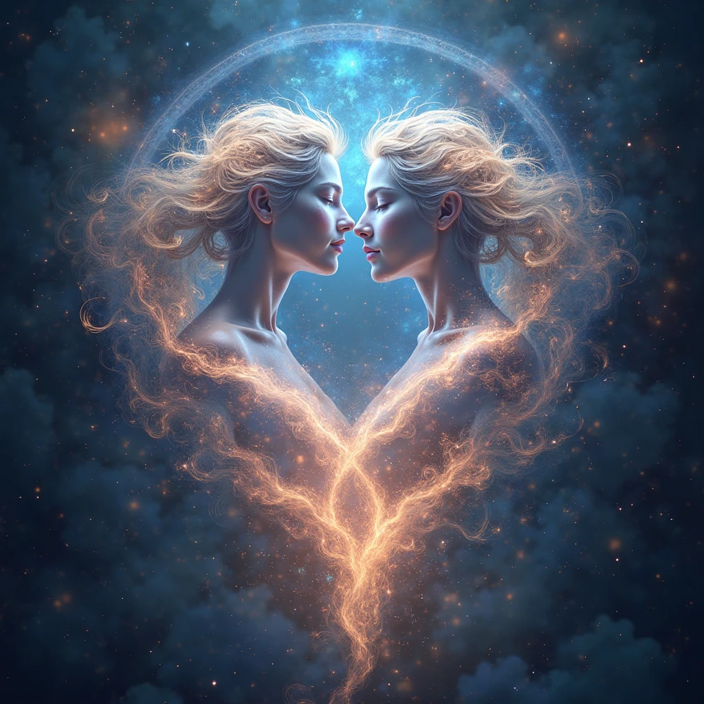 An evocative image depicting the separation of the male and female spirits, giving rise to the ancestral beings of the entire world. The male spirit, Izanagi-no-Mikoto, and the female spirit, Izanami-no-Mikoto, divide into two distinct entities, each carrying their unique essence. This pivotal event signifies the emergence of the ethereal realm of the dead, known as Yomi, and the manifestation of the earthly realm inhabited by humans, called Utsushiyo.
From the realm of Yomi, the world of the deceased, the sun deity Amaterasu-Omikami, and the moon deity Tsukuyomi, emerge after purifying their eyes. Their radiant presence illuminates the cosmos and brings light and harmony to the world. Simultaneously, the sea's ebb and flow cleanse the heavenly deities, known as Amatsukami, and the land deities, known as Kunitsukami, who appear in all their divine splendor.
The image captures the profound significance of this mythological moment. The male and female spirits, their forms intertwined yet distinct, are portrayed in a dynamic and powerful composition. The celestial backdrop reflects the celestial forces at play, with celestial bodies and cosmic energies intertwining. The colors used are rich and symbolic, representing the celestial and earthly realms, such as golden hues for the sun and silvery tones for the moon. The aspect ratio is 1:1.
This image encapsulates the mythical origins of the world and the divine beings that shaped its existence, evoking a sense of wonder and reverence for the cosmic forces that govern our existence.``` --auto --s2