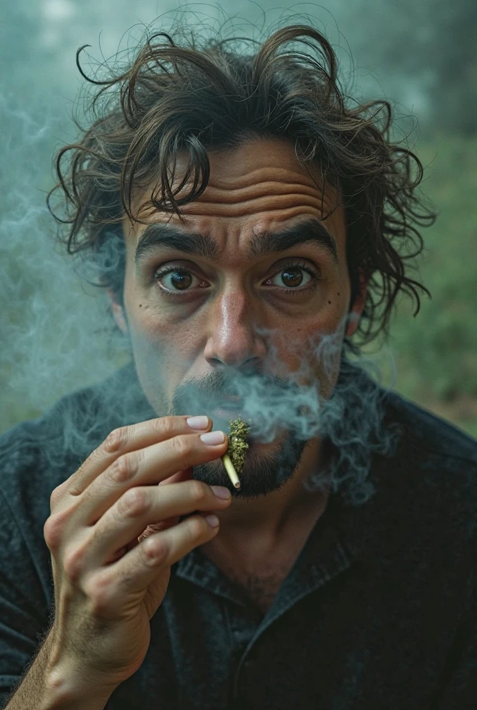 Analog photo of Leonardo Caprio, smoking a joint, he is wearing a t-shirt with a text that reads "Got Spliff?"
