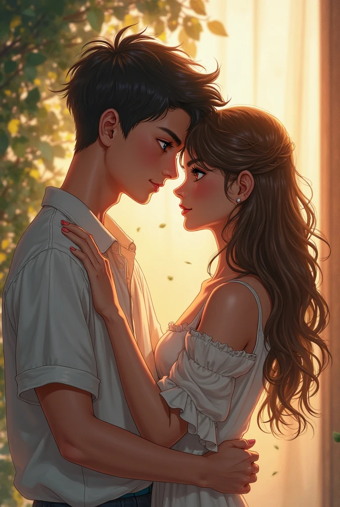 a couple, the boy with brown hair, light white skin and light hazel eyes and the girl with brown hair, dark skin, dark brown eyes