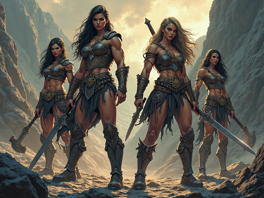 masterpiece, best quality,adult, A full-body shot of a strikingly beautiful goddess of war, combining the dramatic, dynamic style of Frank Frazetta with the sensual, detailed artistry of Luis Royo. She stands in a powerful pose, her armor intricately designed with mythical motifs, blending ferocity and grace. The background is a chaotic battlefield bathed in otherworldly light, highlighting her commanding presen