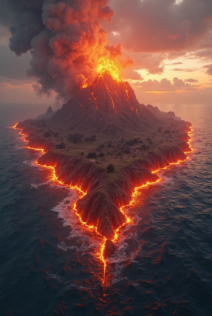 An isolated island in the sea with no land around, An island where no grass or trees can be seen、There is an erupting volcano in the center of the island --auto