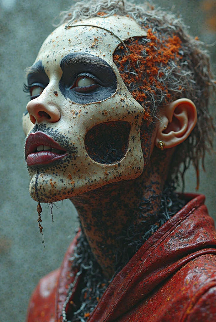((Decay skin)) Old zombie man, male, older male figure, ((skull face)), dreary, magnificent, fog, low key, at night, ((RAW photo, 4K, Realistic, Exquisitely Detailed Skin)), Masterpiece, Best quality, offcial art, Unity 8k wallpaper, Ultra detailed , (detaile zombie face),((bloody mouth)), rincled skin, (decay skin), ((pealing off skin decay)),((detailed skull under skin)), detailed decay skin, looking at the camera, ((grey long beard)), dirty red and black flannel shirt, old black cowboy hat, ((cowboy hat)), masterpiece, best quality, extremely detailed eyes, cinematic lightning, intricate detail, highres, official art, finely detailed face, high resolution illustration, 8k, depth of field, ((zombie)), short white hair and blue eyes, short white hair, detailed blue eyes, chaotic city, upper body, looking at viewer, post apocalyptic background, zombie decay skin, detailed face decay, decay, terror,((skull decay face)) scary looking, extremely detailed eyes, extremely realistic photo, extreme terror, midnight moon, ((long white beard)), gothic look older nale zombie (((bloody mouth))) ,(smiling), big smile, happy