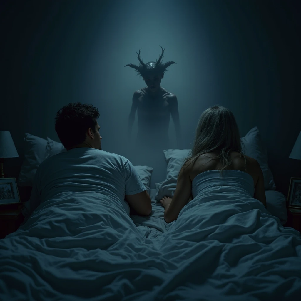 Woman and man sleeping and demon woman and man watching them