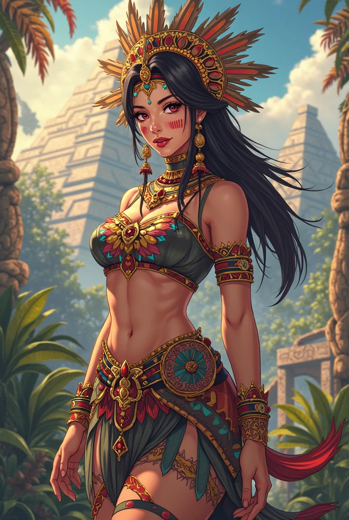 Beautiful Alluring Female aztec, tribal feathers, tribal beads, tribal ornaments, bronze ornaments, Bare oily Skin, Athletic Well Toned Body, cleavage, Barely Clothed, tirbal theme, aztec theme, on top of a jungle aztec shrine, Beautiful D&D Character Portrait, Beautiful Face, Ominous, Dark Fantasy, Fiverr Dnd Character, Octane Render, Digital Art, Extreme Detail, 4k, Ultra Hd, Polished, Beautiful, Hyperdetailed, Intricate, Elaborate, Meticulous, Photorealistic, Sharp Focus, Wlop, Character Design, Unreal Engine, 3d Rendered, Volumetric Lighting, Reflections, Glossy, Digital Illustration, Sensual Pose, Suggestive Pose, Full Body Shot,💖❤💕💋❣
