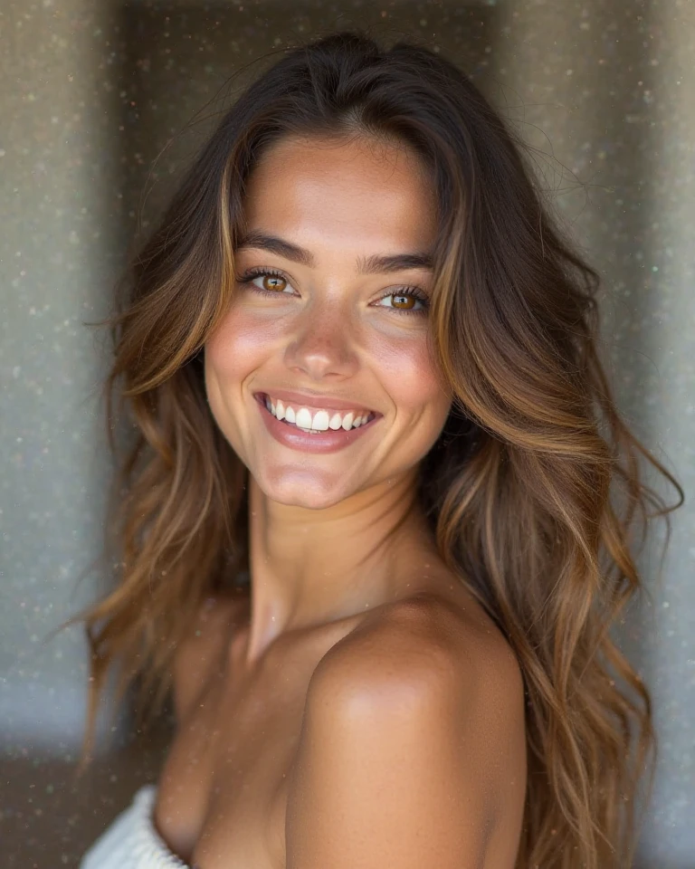 Fashion model 25 years old, long dark brown hair, happy face, big smile, [[[[Professional photo]]]], [[[[full body view]]]], [[[[Perfect Anatomia]]]], [[[[blond hair, rubio]]]], Perfect eyes, perfect iris, perfect lips, perfect teeth, Perfect skin, soft front light, glow, hdri, (Muted colors:1.2), [[Elegant pool as background]], 8k, Hyperrealism, detailed, Ultra Definition.