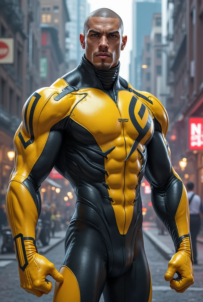 Award-winning photo of a man's superhero, Yellow and black superhero suit, square jawline, asymmetric face, barba grande, sorridente, luz amarela, 80mm, Bokeh, efeito de massa, fechar para cima, FKING_cinema_v2, 8k, cinemactic